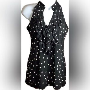 White House Black Market S Top Sleeveless Blouse Ruffle Cascade Front Polka Dot